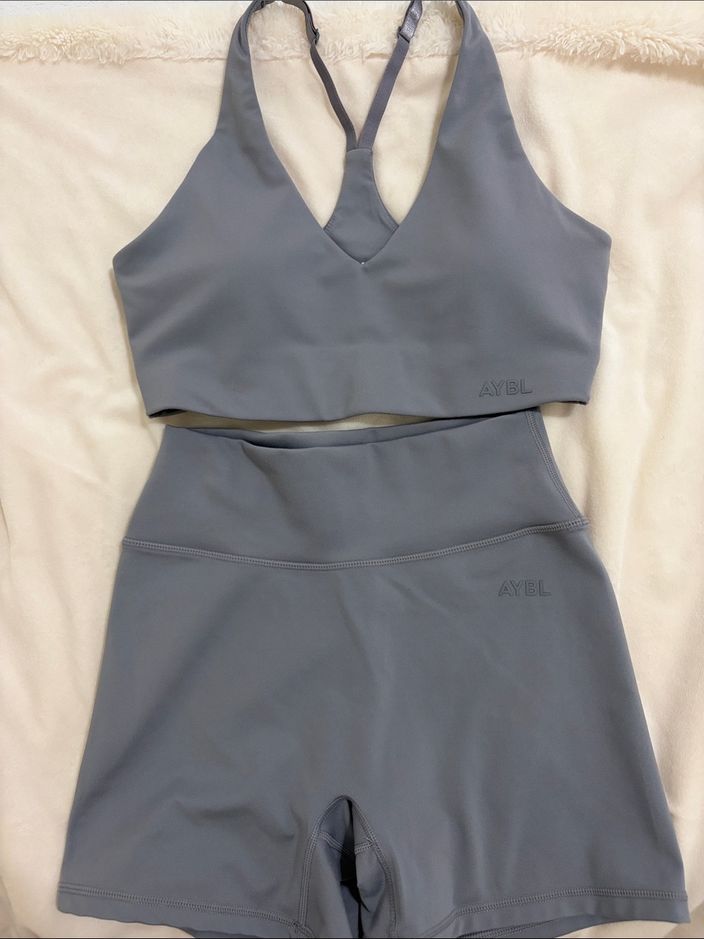 AYBL grey/blue sports bra and shorts set: NEW CONDITION